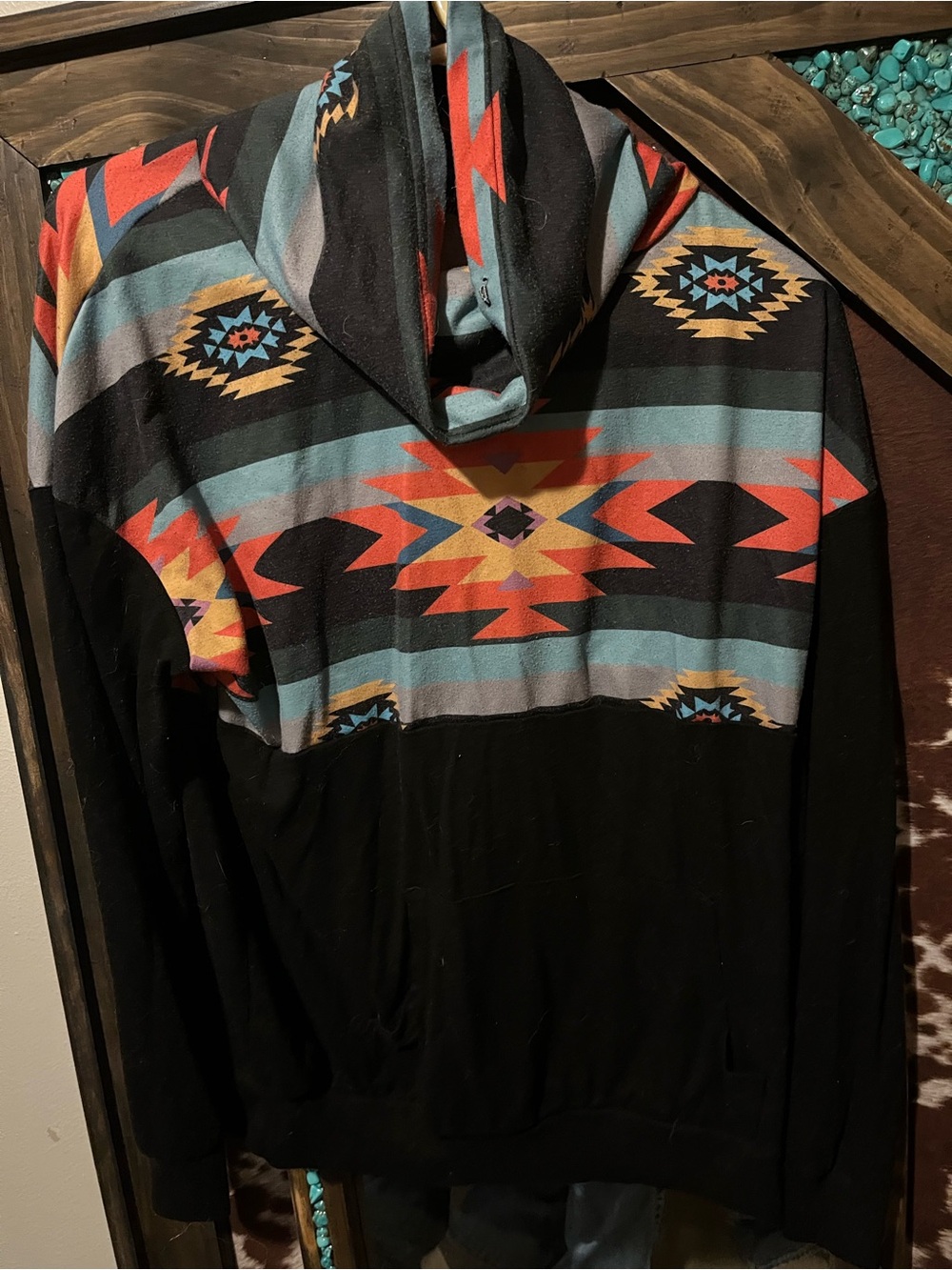 Southwestern Patterned Pullover Hoodie in Black and Turquoise